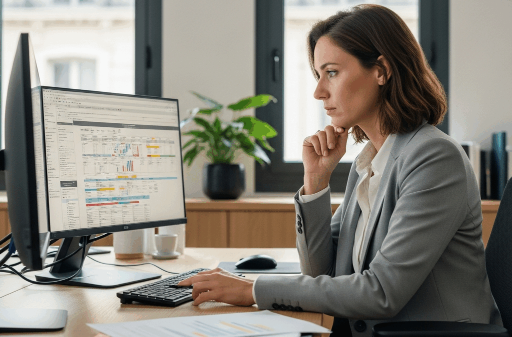 Responsable RH français(e) étudie documents sur les concours de suspensions de contrat de travail (grève, maladie) dans un bureau moderne.