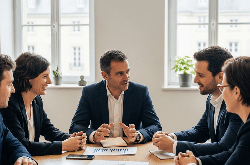Dirigeant de PME française et salariés échangent sur le Plan d'Épargne Interentreprises (PEI) dans un bureau moderne.