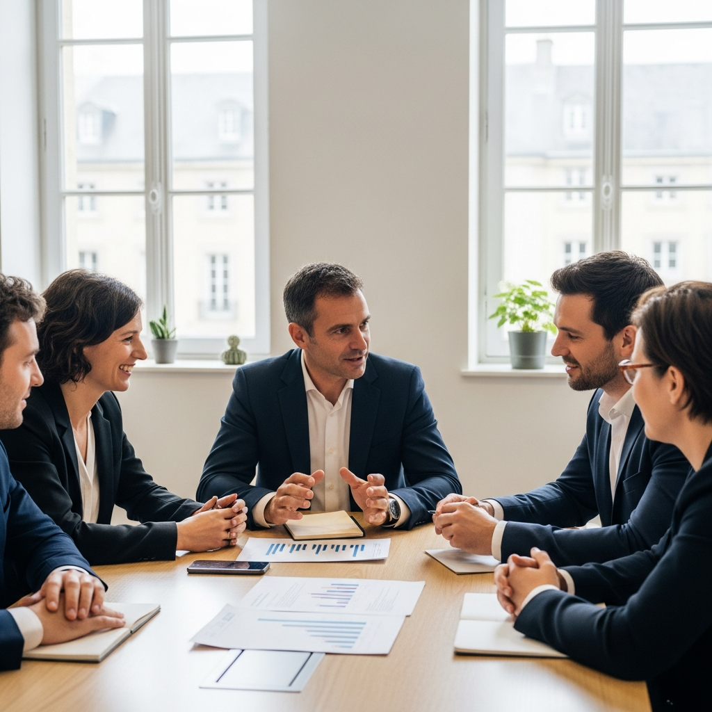 Dirigeant de PME française et salariés échangent sur le Plan d'Épargne Interentreprises (PEI) dans un bureau moderne.
