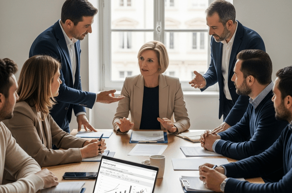 Collaborateurs et expert discutant des avantages de l'épargne salariale (PEE, PERECO) dans un bureau français. Optimisation d'entreprise.