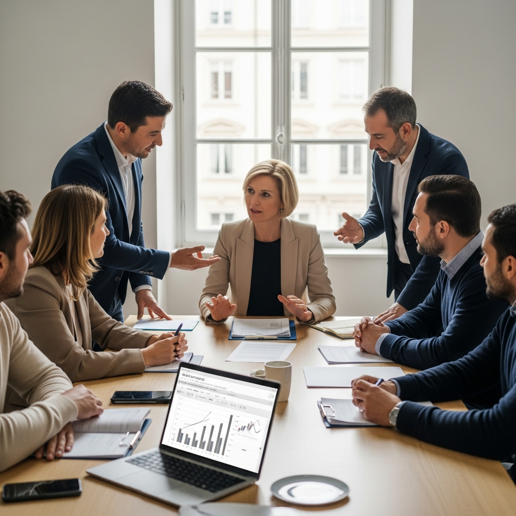 Collaborateurs et expert discutant des avantages de l'épargne salariale (PEE, PERECO) dans un bureau français. Optimisation d'entreprise.