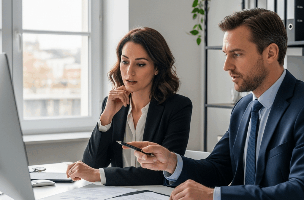 Entrepreneur français et avocat étudiant des documents sur le dépôt d'un accord de participation, soulignant l'importance.