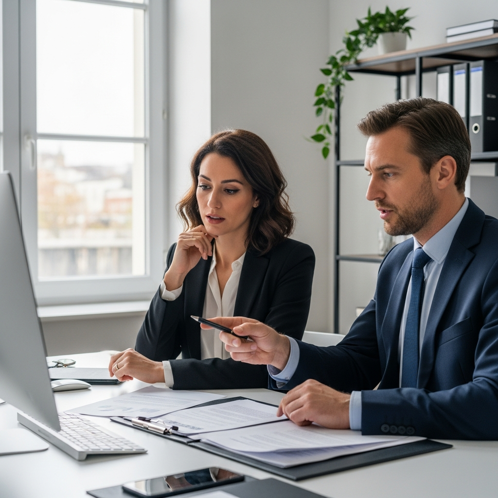 Entrepreneur français et avocat étudiant des documents sur le dépôt d'un accord de participation, soulignant l'importance.