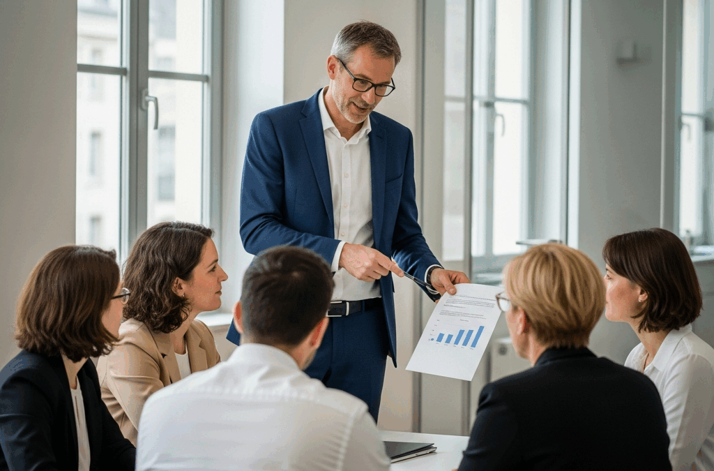 Un dirigeant français présente un accord d'intéressement à des salariés dans un bureau moderne, illustrant la motivation par la performance.