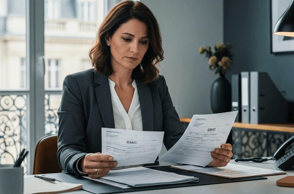 Responsable RH française vérifiant la conformité des paies au SMIC et au Minimum Garanti. Gestion complexe du droit du travail en entreprise.