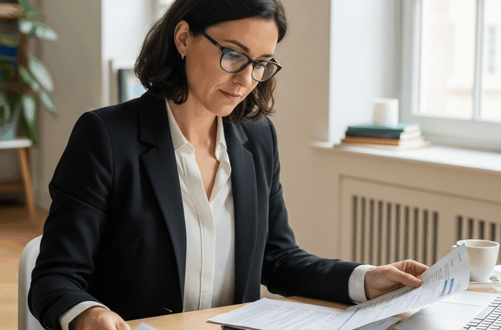 Un chef d'entreprise français examine des documents de paie sur son bureau. Il gère les avantages en nature pour une conformité optimale.