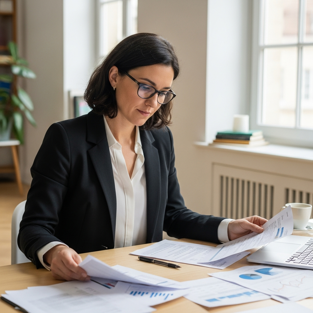 Un chef d'entreprise français examine des documents de paie sur son bureau. Il gère les avantages en nature pour une conformité optimale.