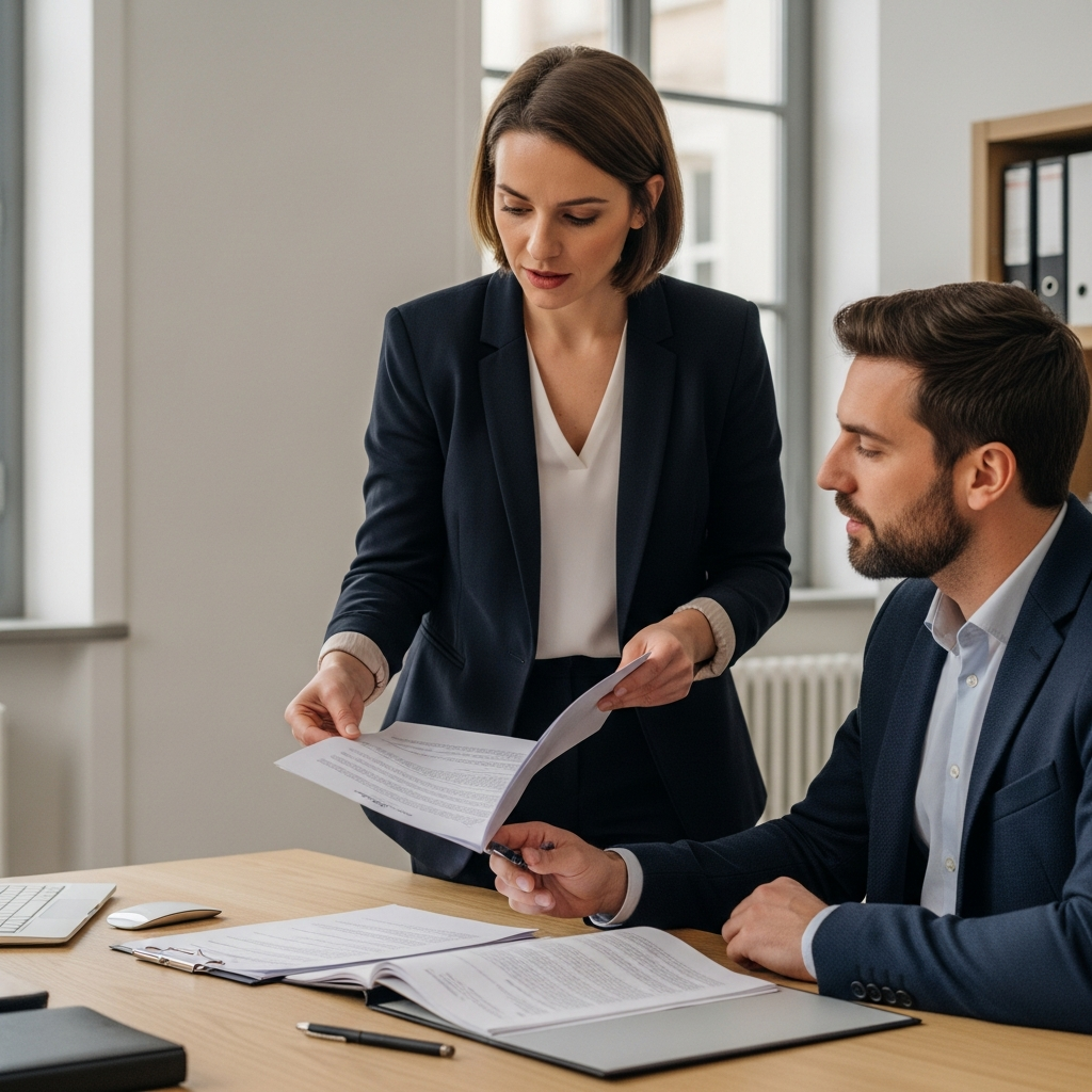 Une responsable RH française détaille une fiche de paie à un employé, illustrant la complexité des retenues sur salaire en France.