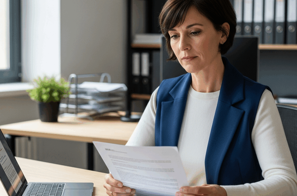 Employeur français en pleine lecture d'une notification de cession de salaire, symbolisant les obligations légales de gestion de paie.