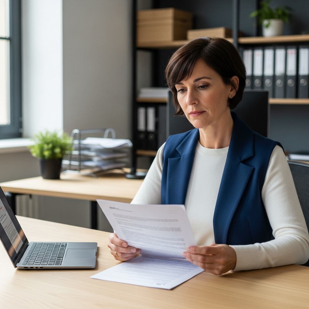 Employeur français en pleine lecture d'une notification de cession de salaire, symbolisant les obligations légales de gestion de paie.
