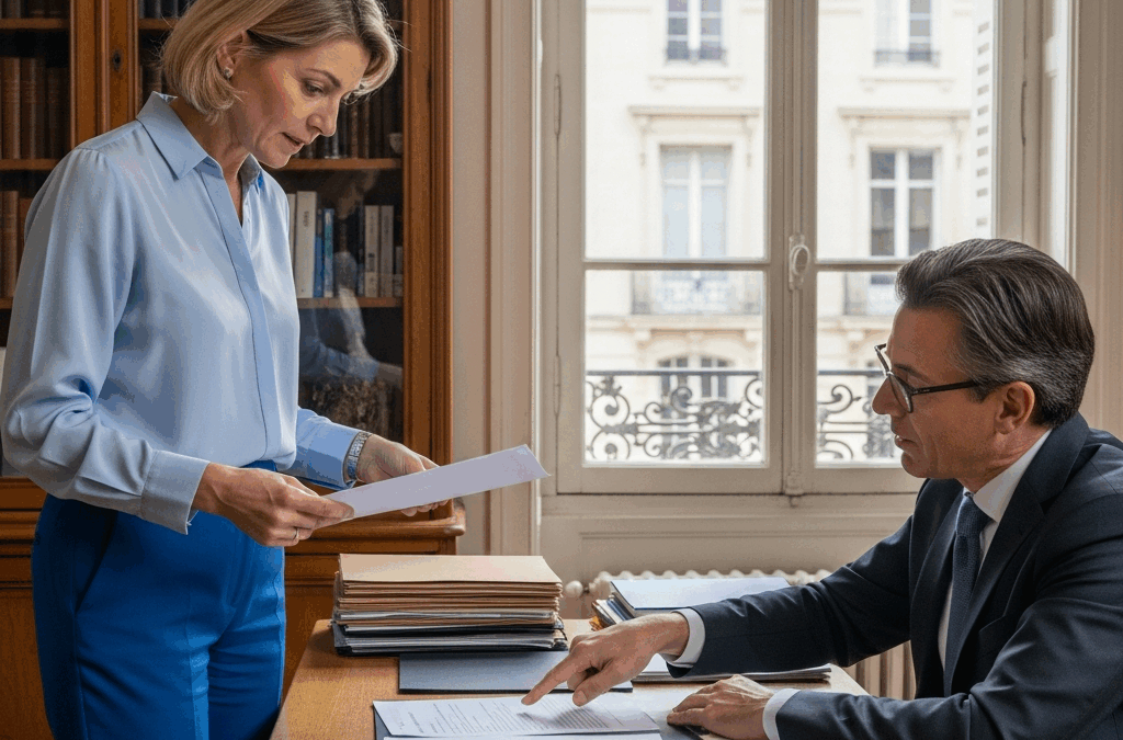Employeur français discutant des risques juridiques liés aux bulletins de paie et salaires avec son avocat en droit du travail.