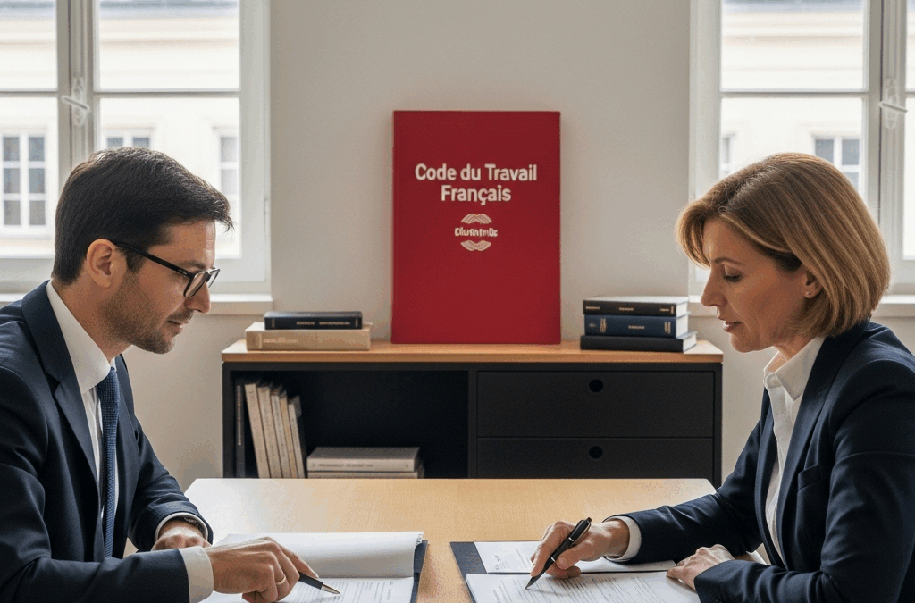 Un dirigeant français et son avocat examinent des documents pour maîtriser la prescription des créances salariales et éviter les risques.