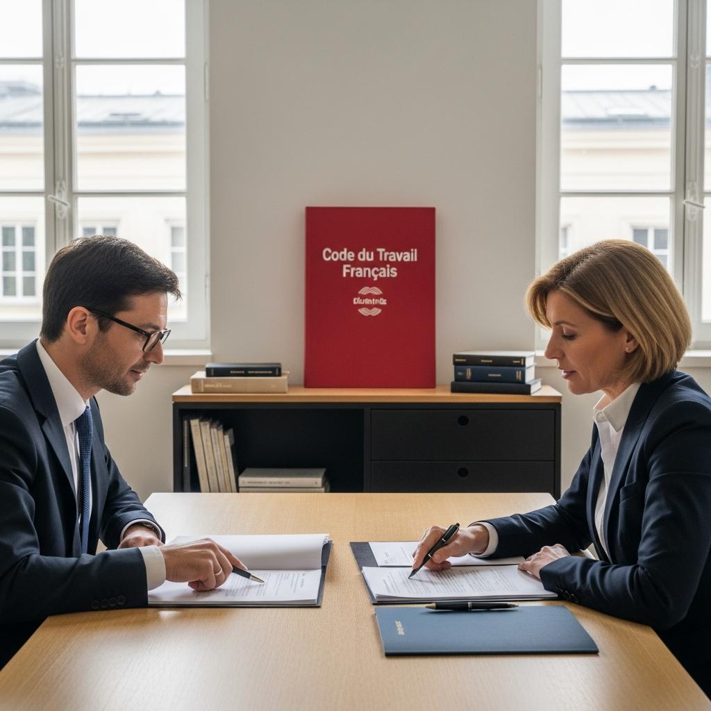 Un dirigeant français et son avocat examinent des documents pour maîtriser la prescription des créances salariales et éviter les risques.