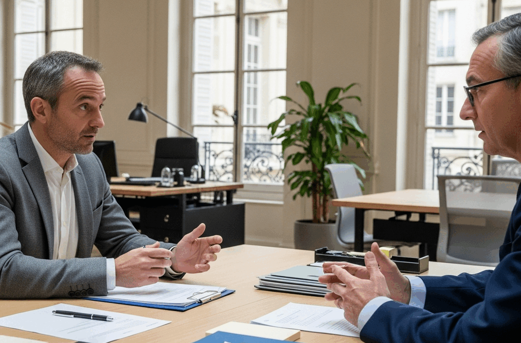 Employé et avocat français discutant des droits salariaux. Scène professionnelle dans un cabinet d'avocats français.