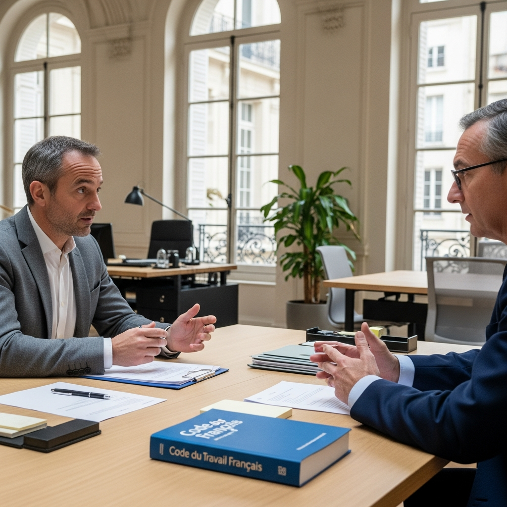 Employé et avocat français discutant des droits salariaux. Scène professionnelle dans un cabinet d'avocats français.