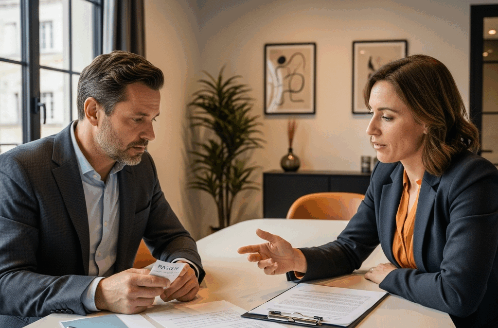 Manager RH française examinant un contrat et une fiche de paie. L'image illustre la complexité de la fixation du salaire en France.