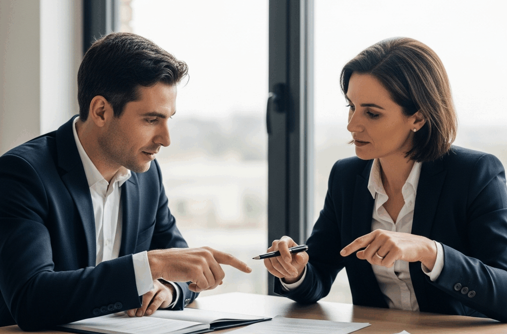 Un dirigeant d'entreprise et son avocat français examinent des documents sur l'égalité salariale en entreprise, souci de conformité.