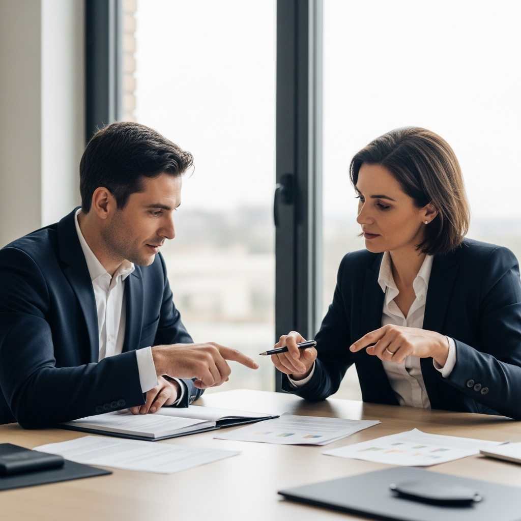 Un dirigeant d'entreprise et son avocat français examinent des documents sur l'égalité salariale en entreprise, souci de conformité.