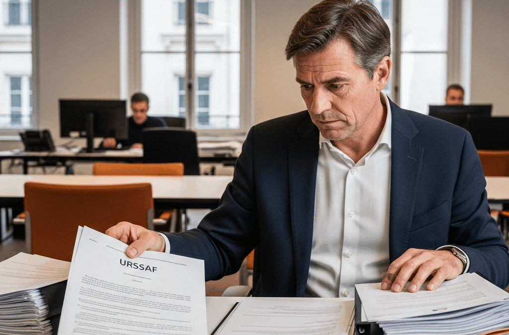 Employeur français vérifiant notes de frais, soucieux de la conformité des remboursements de frais professionnels et risques URSSAF.