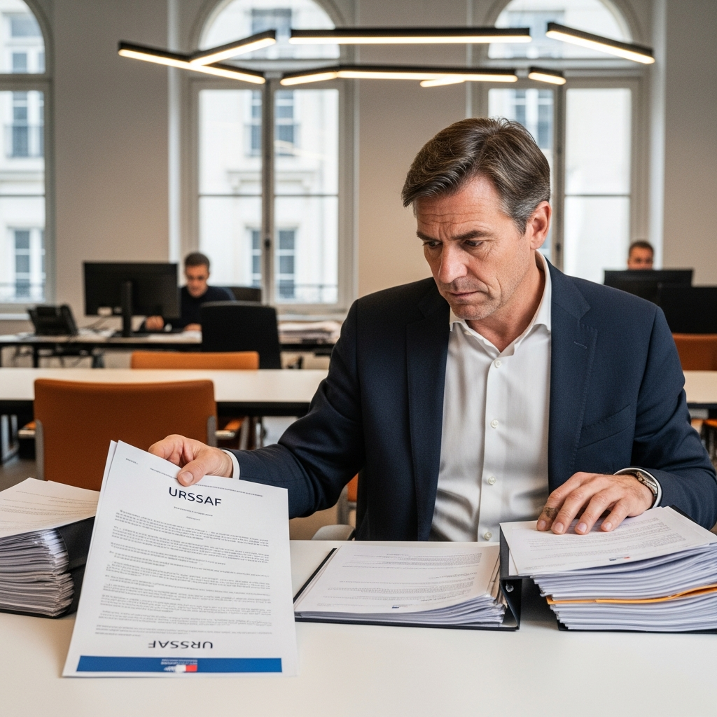 Employeur français vérifiant notes de frais, soucieux de la conformité des remboursements de frais professionnels et risques URSSAF.