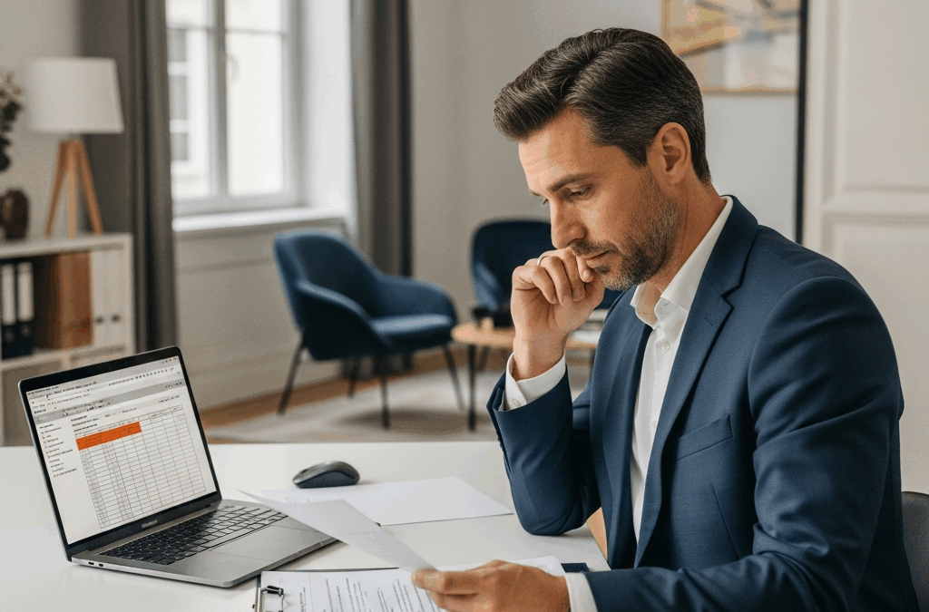 Gestionnaire de copropriété français concentré sur des documents de congés payés pour concierges dans un bureau moderne. Optimisé loi 2024.