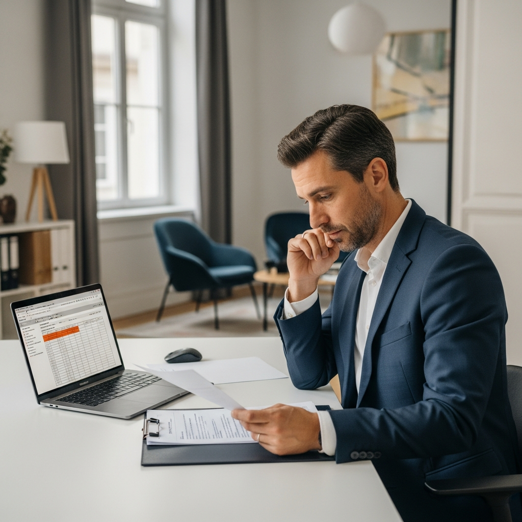 Gestionnaire de copropriété français concentré sur des documents de congés payés pour concierges dans un bureau moderne. Optimisé loi 2024.