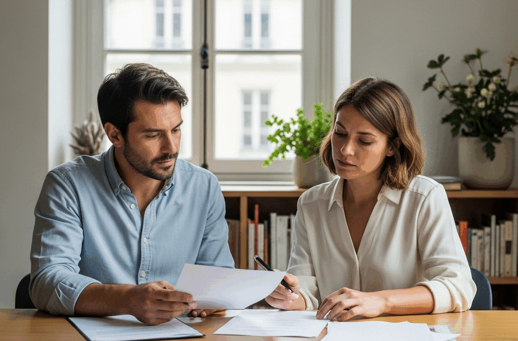 Particulier employeur et assistante maternelle française étudiant des documents complexes sur les congés payés.