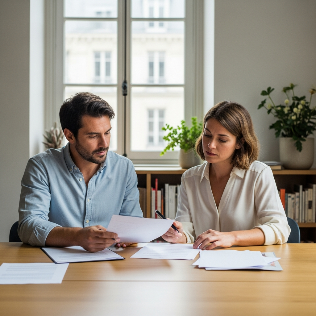 Particulier employeur et assistante maternelle française étudiant des documents complexes sur les congés payés.