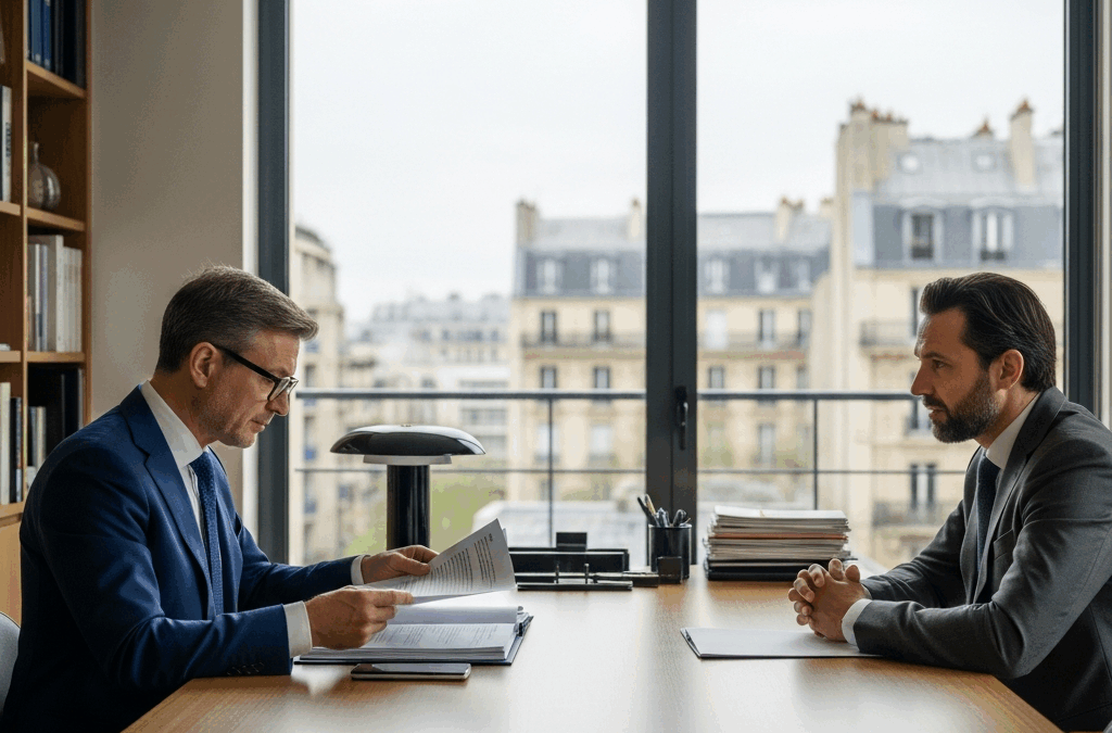Gestion des congés payés dockers : un employeur français discute des règles complexes avec son avocat spécialiste du droit du travail.