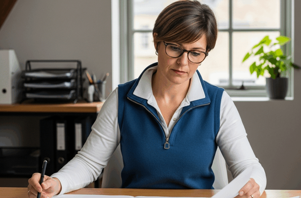 Une responsable RH examine un document sur les congés payés dans un bureau moderne en France, gérant la complexité du droit du travail.