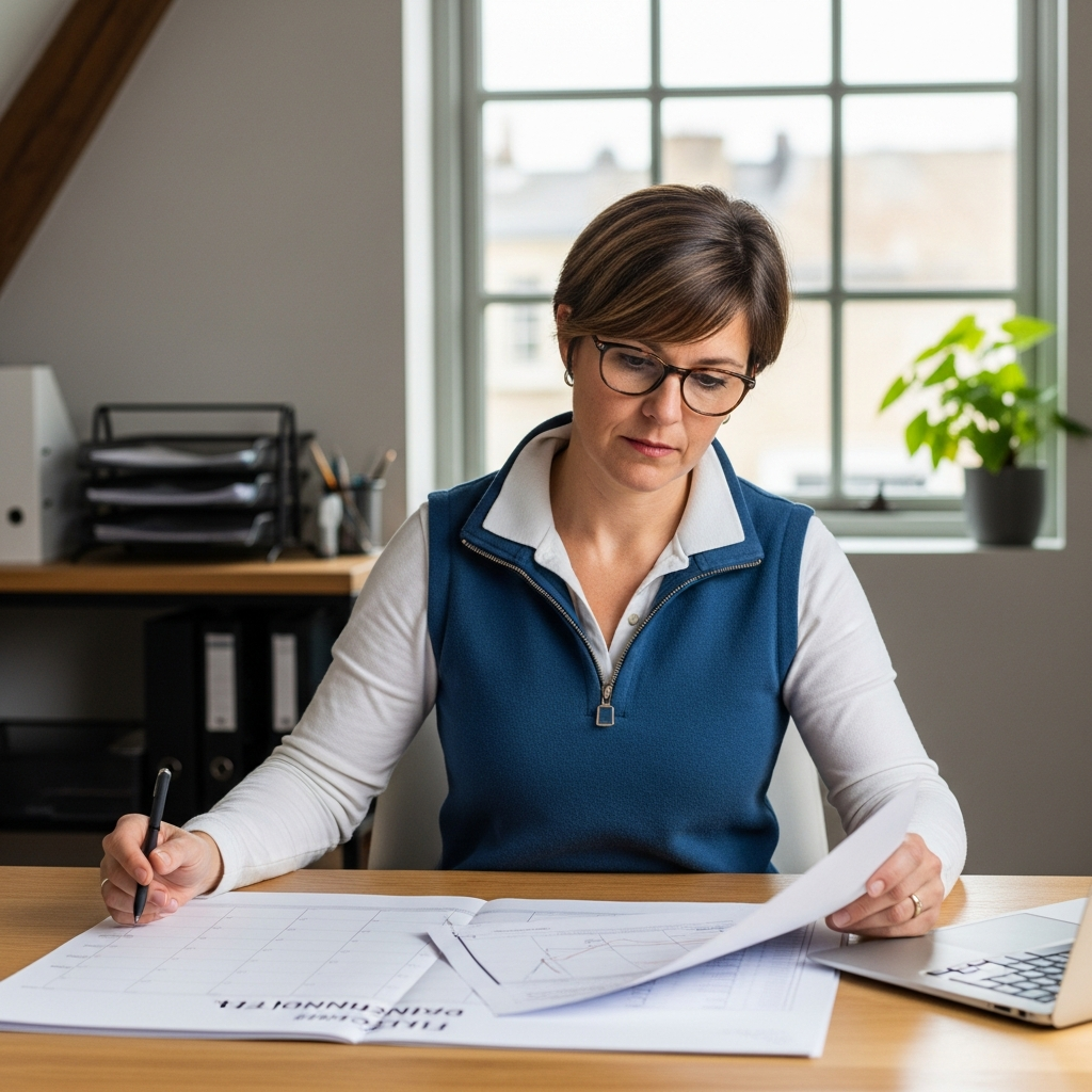 Une responsable RH examine un document sur les congés payés dans un bureau moderne en France, gérant la complexité du droit du travail.