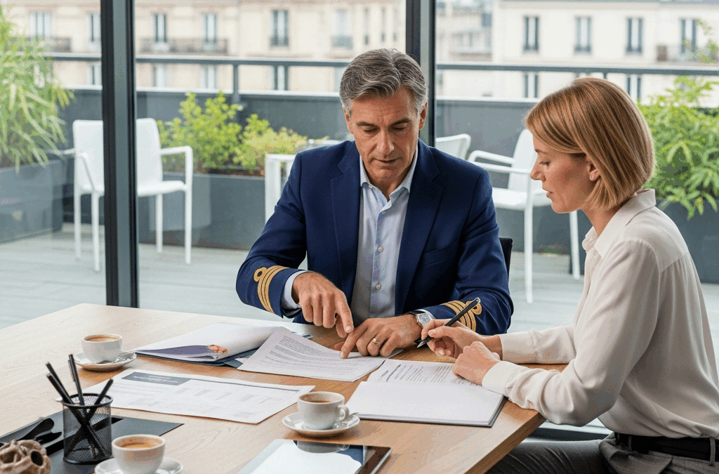 Employeur et RH français discutant de la Journée de Solidarité, examinant des documents dans un bureau moderne. Optimisation légale.