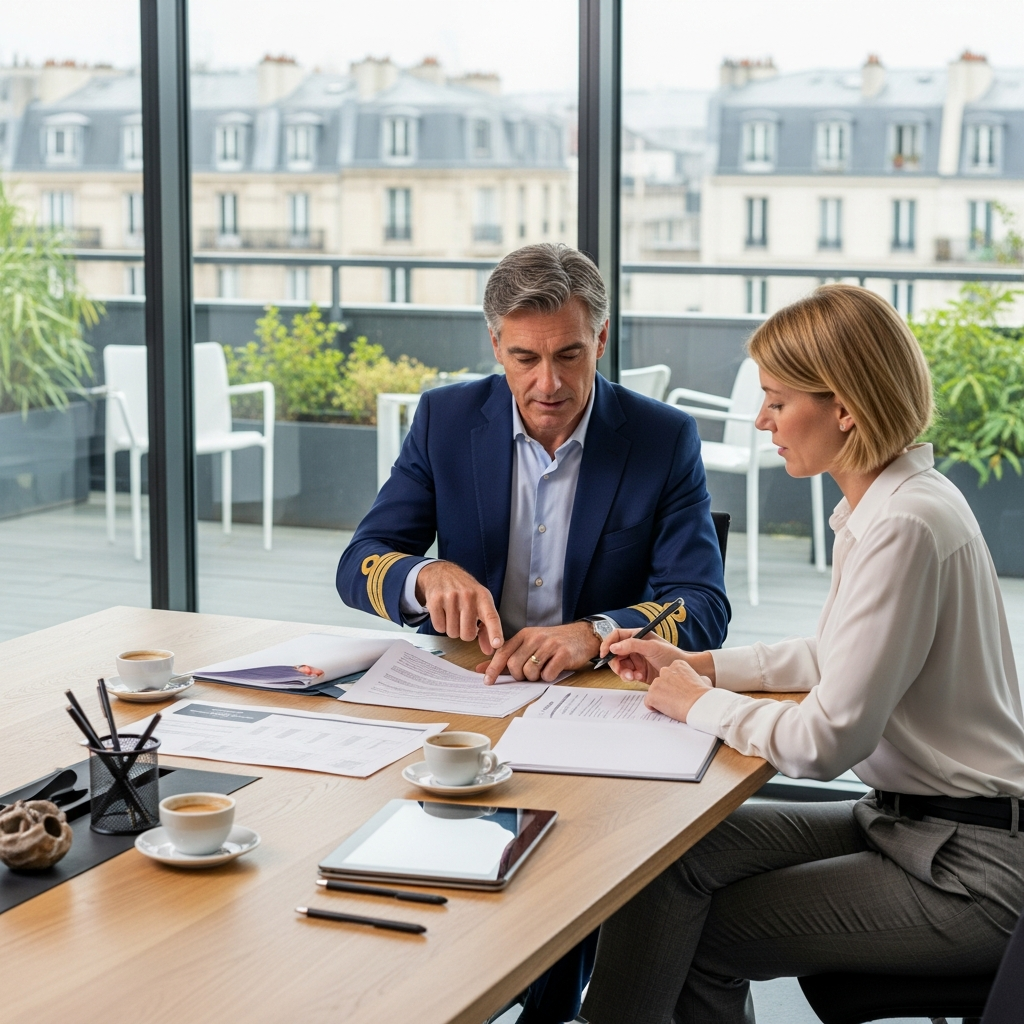 Employeur et RH français discutant de la Journée de Solidarité, examinant des documents dans un bureau moderne. Optimisation légale.