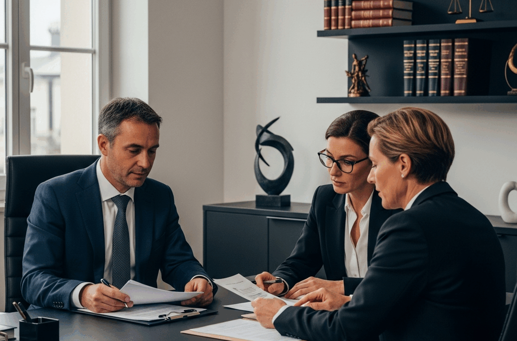 Employeur français en consultation avec un avocat. Ils examinent des documents sur les règles du 1er mai et le droit du travail. Conseil juridique.