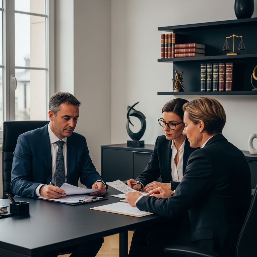Employeur français en consultation avec un avocat. Ils examinent des documents sur les règles du 1er mai et le droit du travail. Conseil juridique.