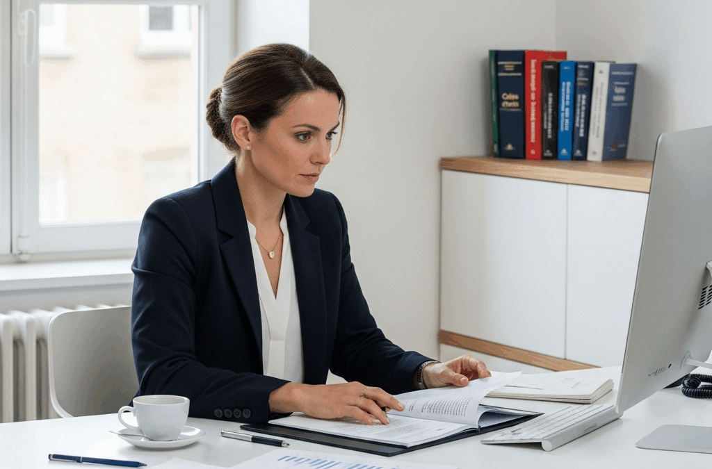 Gestion des jours fériés pour employeurs : une RH française étudie les règles du droit du travail dans un bureau moderne.