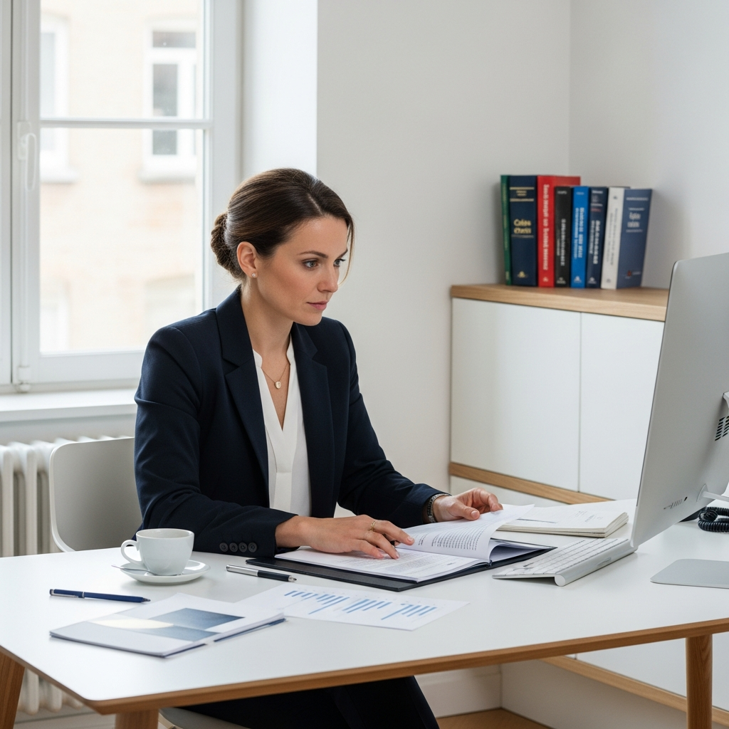 Gestion des jours fériés pour employeurs : une RH française étudie les règles du droit du travail dans un bureau moderne.