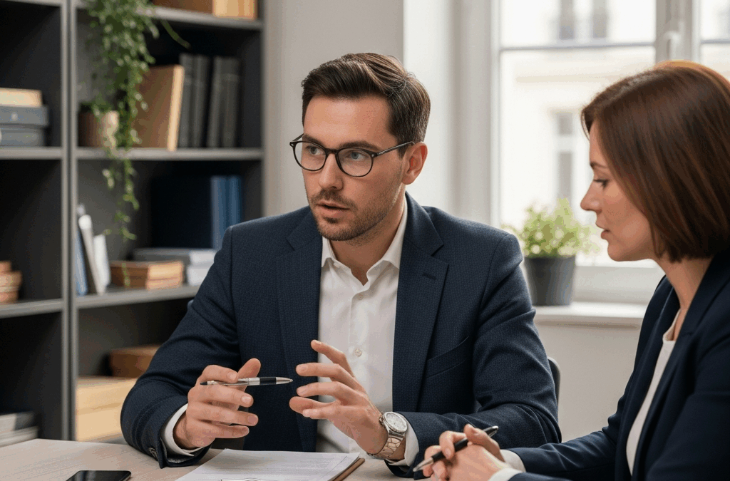 Avocat et dirigeant français discutent de documents de stock-options dans un bureau parisien, soulignant la complexité juridique.
