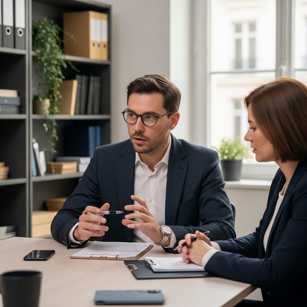 Avocat et dirigeant français discutent de documents de stock-options dans un bureau parisien, soulignant la complexité juridique.