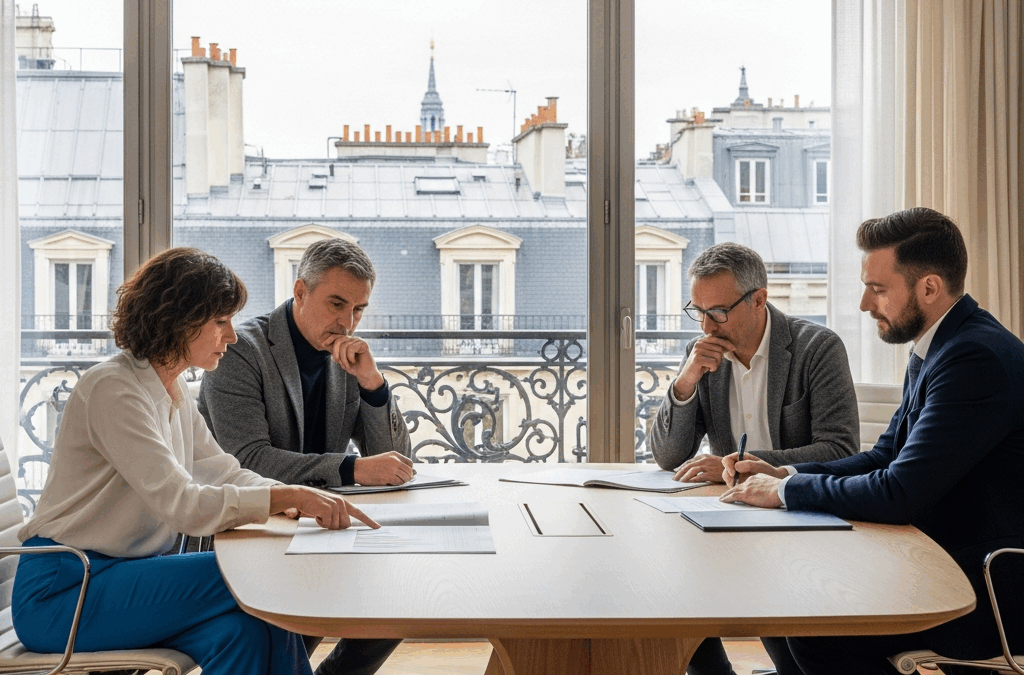 Des dirigeants et un avocat français en réunion. Ils planifient la mise en place de l'actionnariat salarié pour leur entreprise.