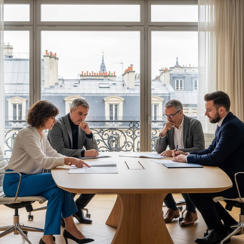 Des dirigeants et un avocat français en réunion. Ils planifient la mise en place de l'actionnariat salarié pour leur entreprise.