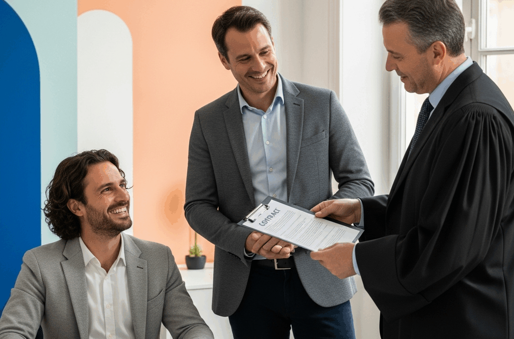 Entrepreneurs français et avocat discutant d'un contrat BSPCE en startup. Fidélisation des talents et croissance d'entreprise.