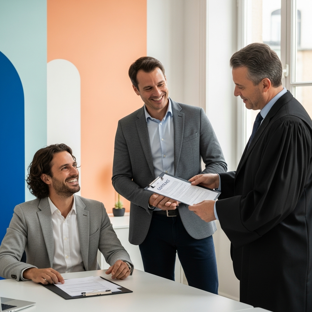 Entrepreneurs français et avocat discutant d'un contrat BSPCE en startup. Fidélisation des talents et croissance d'entreprise.