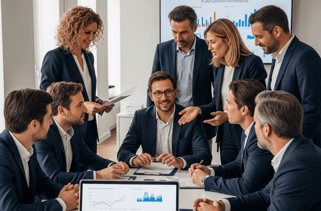 Groupe de professionnels d'affaires français discutant de l'actionnariat salarié dans un bureau moderne, symbolisant croissance et engagement.