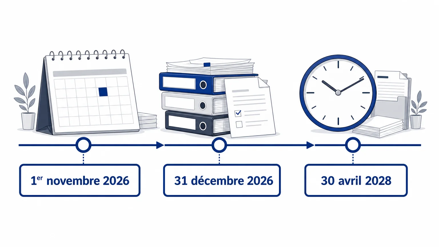 Frise des échéances de l’activité partielle entre novembre 2026 et avril 2028
