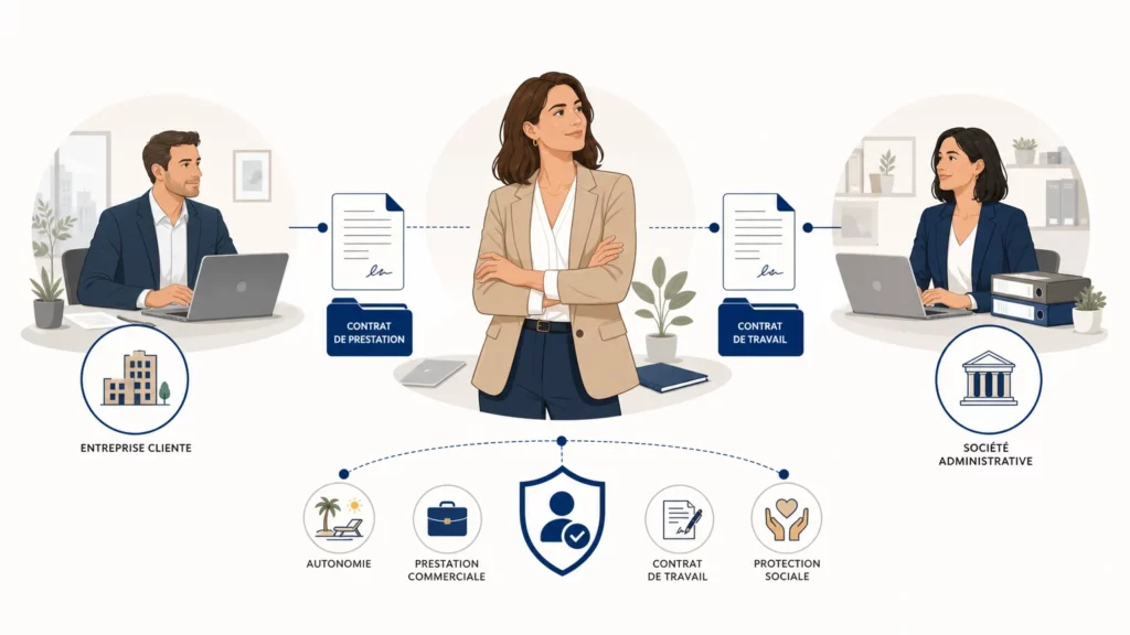 Schéma illustré du fonctionnement tripartite du portage salarial