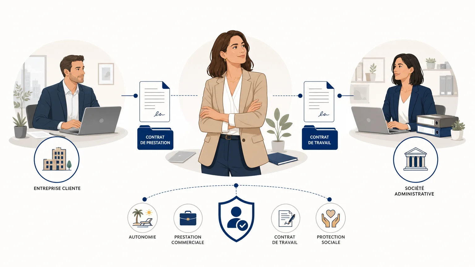 Schéma illustré du fonctionnement tripartite du portage salarial
