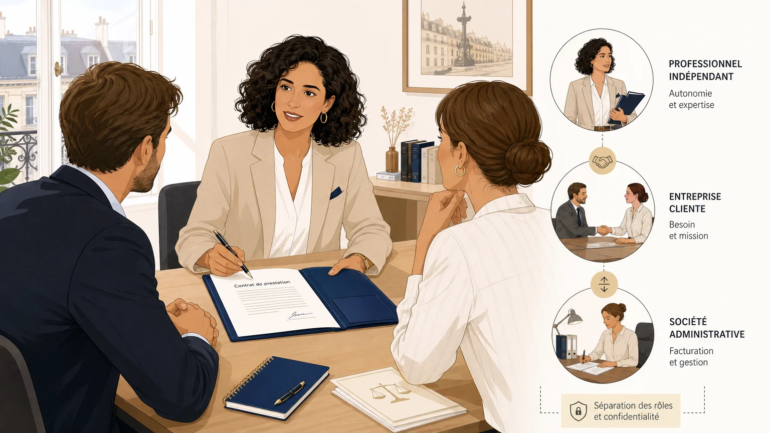 Illustration d’une consultante négociant une mission en portage salarial