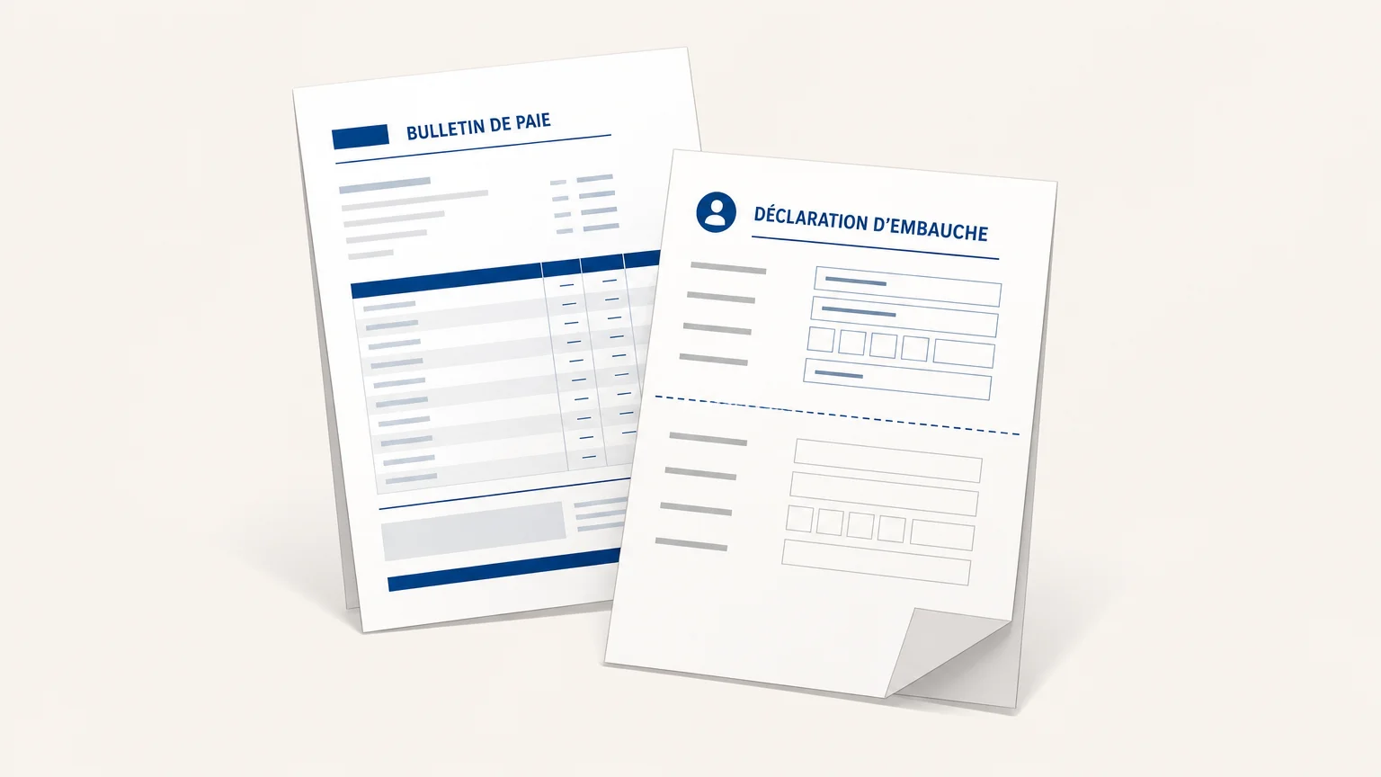 Documents stylisés illustrant la déclaration d’un emploi et le travail dissimulé